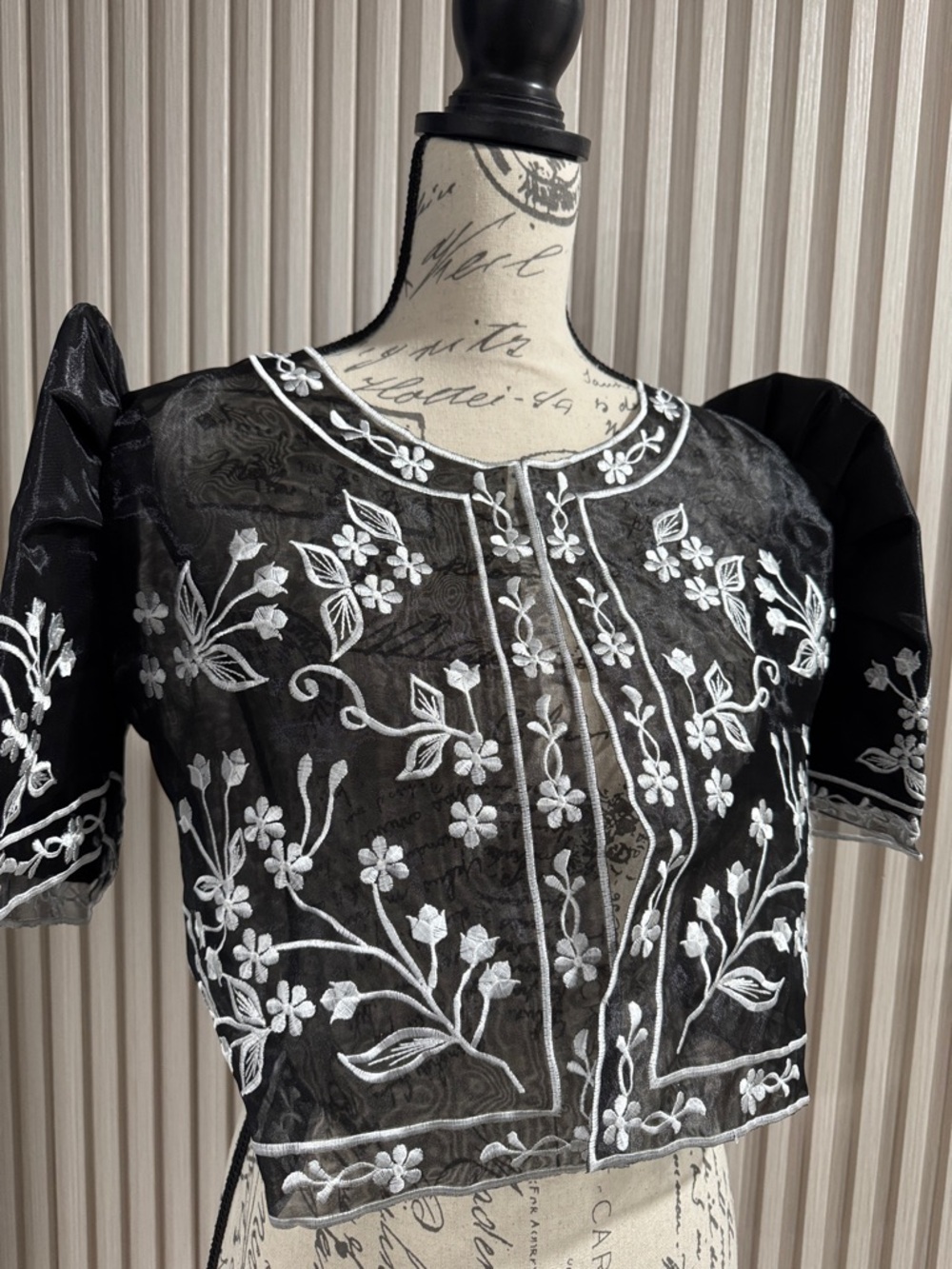 Black Sheer Embroidered Floral Filipiana Bolero Top